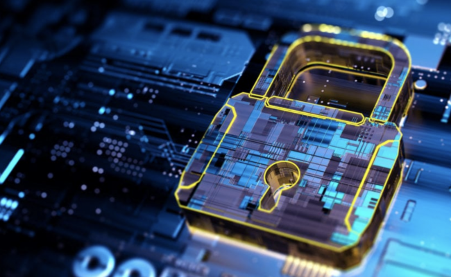 Close-up of a motherboard with a raised gold and blue lock.