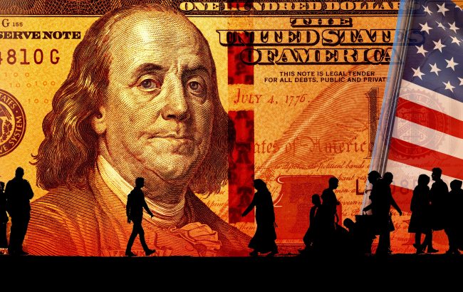 A closeup of a $100 bill with a flag on the right and silhouettes of people on the bottom.