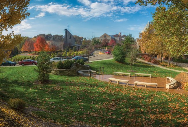 A scene of the Franciscan University of Steubenville campus on an autumn day.