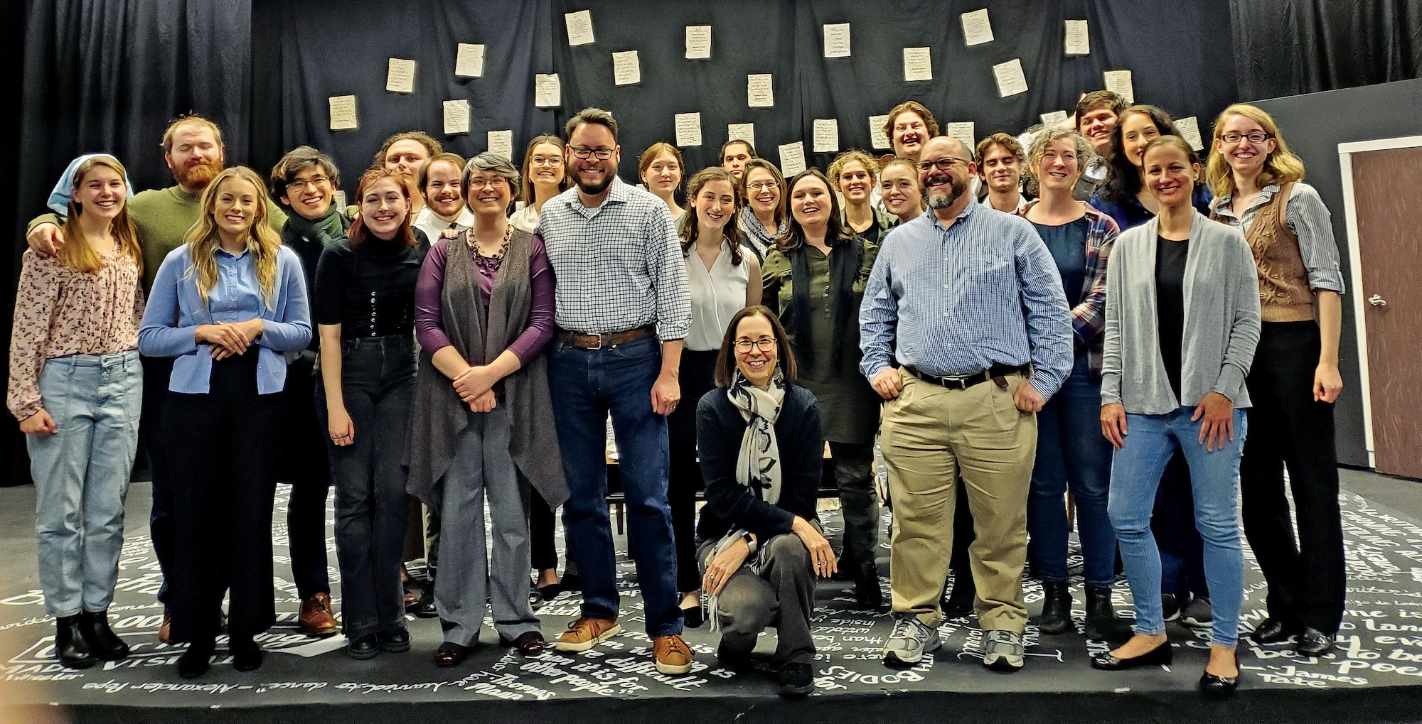 Director Dr. Monica Anderson and the full cast with the five alumni who returned to see the reprised show: Brendan ’01 and Cat (Egan ’01) Hodge, Christina LaRosa ’04, Lisa Chmielecki Millin ’01, and Dr. Kevin Graves ’01.