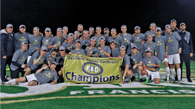 A group of athletes with a banner that says "President' Athletic Conference Champions."
