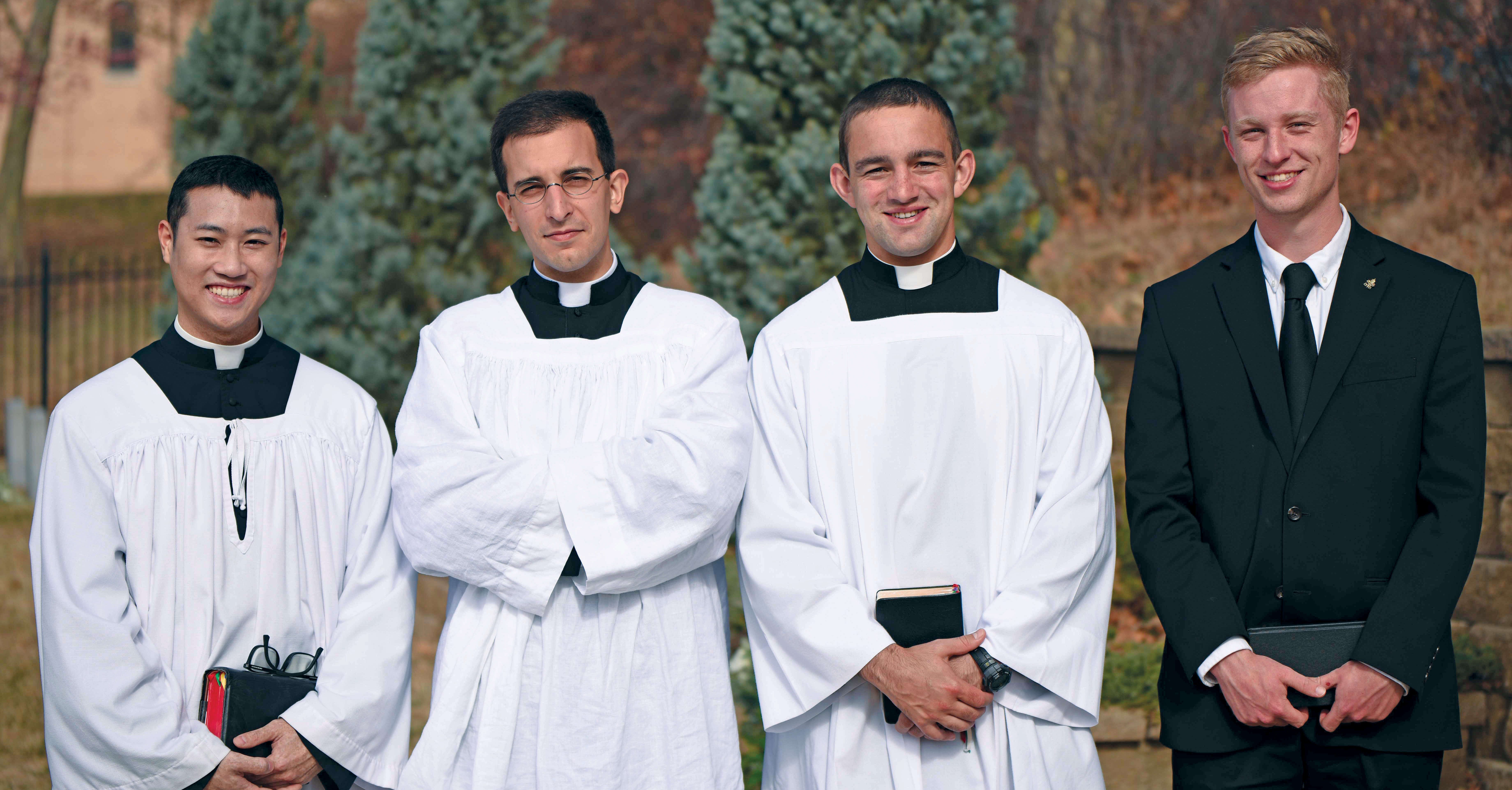 Seminarians currently discerning with the Priestly Fraternity of St. Peter (FSSP): Toan Cao ’18 is in his fifth year; John Falciano ’17 is in his third year and recently received the minor orders of porter and lector, David Prezzia ’20 is in his second year and recently received clerical tonsure; Patrick Barry ’21 just entered his first year. 