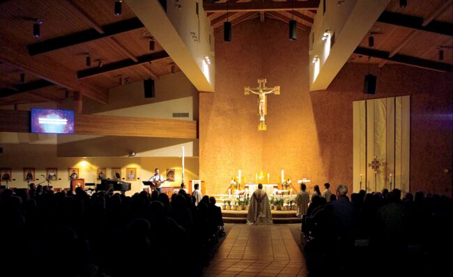 Father Patrick Moses leads eucharistic adoration during a Steubenville Parish Mission at St. Timothy’s Parish in Laguna Niguel, California. (photo by David Libertella)