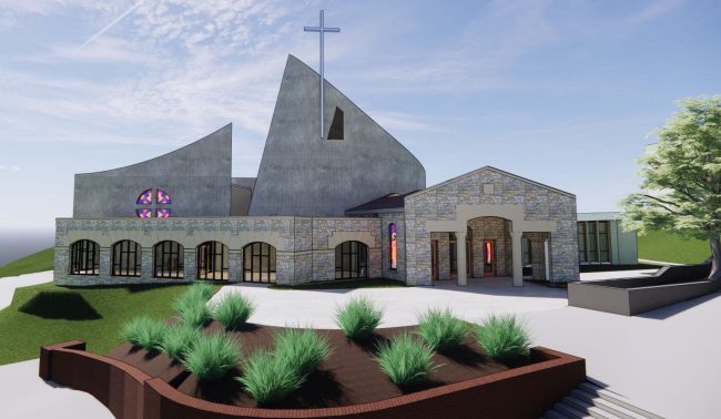 A digital rendition of a chapel exterior.