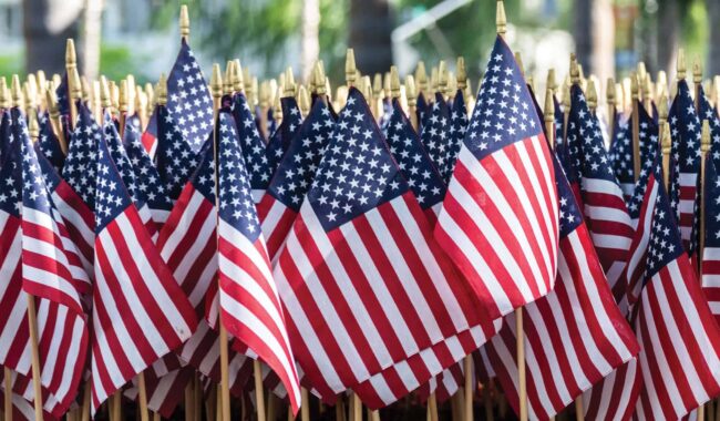 A group of handheld size American flags in front of a blurred background.