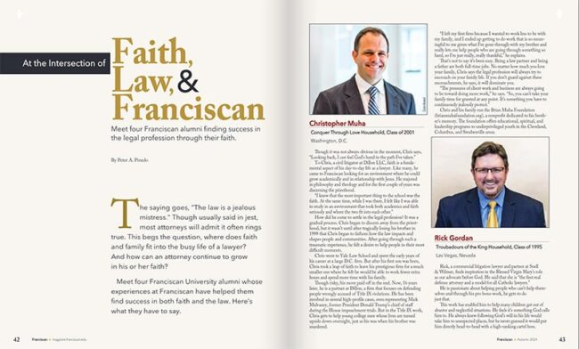 Magazine spread with the headline, "At the Intersection of Faith, Law, & Franciscan" on the left page.