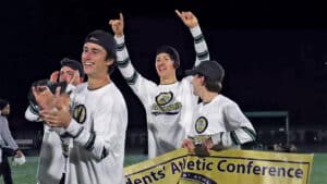 Men’s soccer celebrates their PAC Championship win.