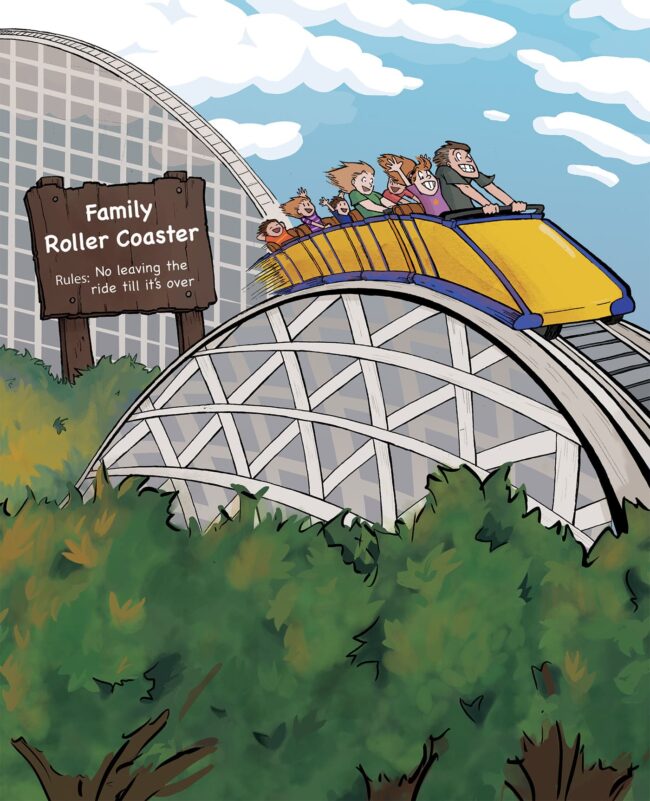 An illustration of a people going over a hill in a roller coaster with a sign that says "Family Roller Coaster" in the background.