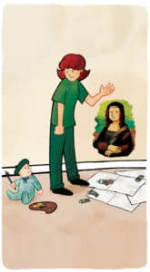 An illustration of a mom next to a painting of the Mona Lisa on the wall looking at her baby who has a little paint easel.