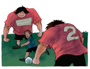 An illustration of small boy playing soccer scared by two big, monster looking boys on either side of him. 