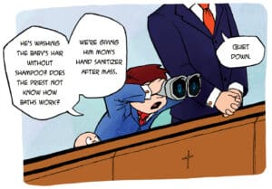 A comic of a boy with binoculars between a baby and an adult. 