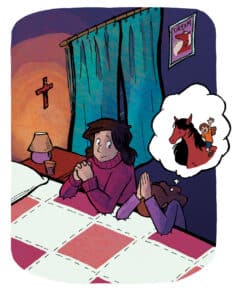 An illustration of a mom and daughter praying with the girl having a thought bubble that shows her on a horse. 