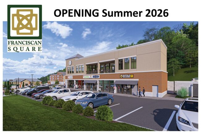 Architectural rendering of a building with cars parked out in front with the text "Opening in Summer 2026" over it and the logo for "Francsican Square" in the left top corner.