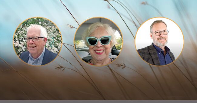 Three older people headshots in circles on the background of a close up a wheat.