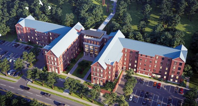 An arial image of a dorm building.