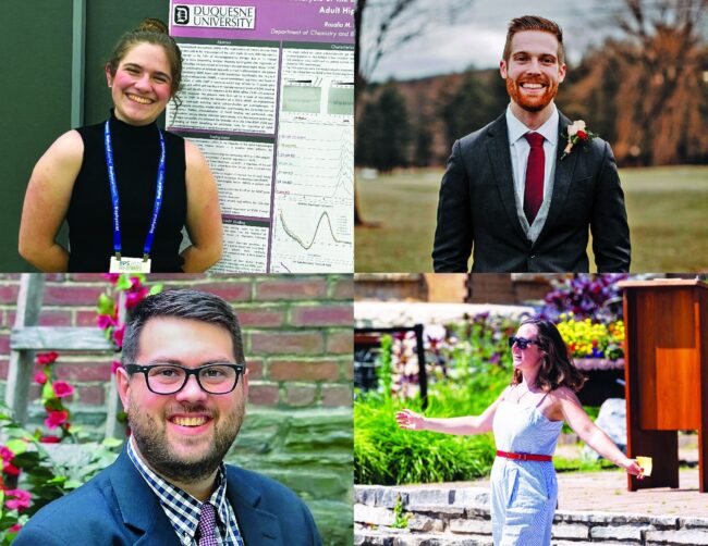 Collage of four young adults, including a woman beside a research poster and three individuals in outdoor portrait settings.