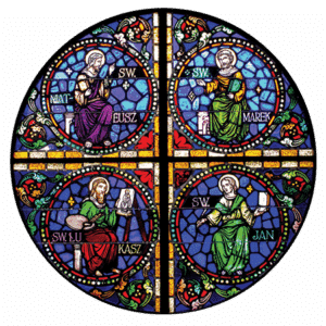 Refurbished rose window with the four gospel writers in each fourth of the window. 