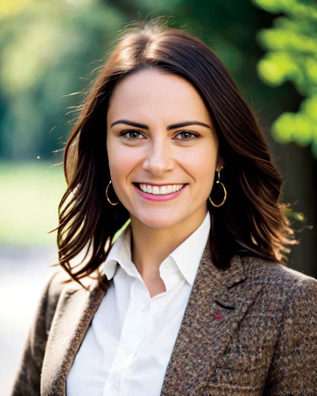 Professional outdoor portrait of Dr. Maggie Mosher with long brown hair wearing a white blouse and brown blazer, set against a natural green background.