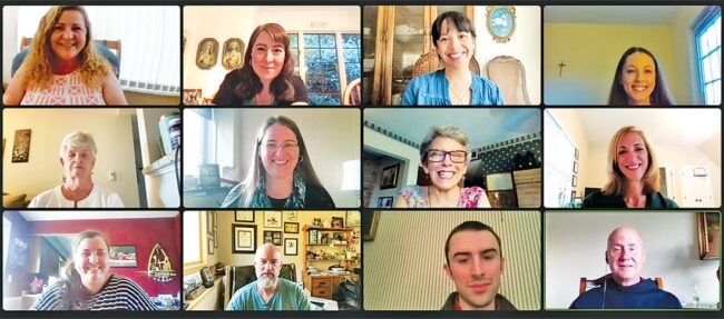 Online students on a Zoom call with President Fr. Dave Pivonka
