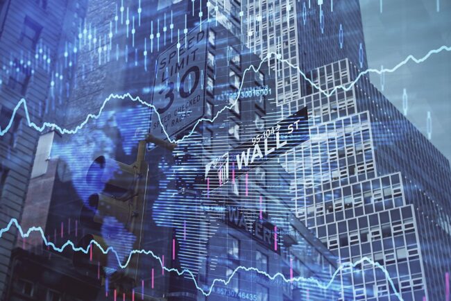 Graphic for an online MBA program featuring financial charts, Wall Street imagery, and city buildings.