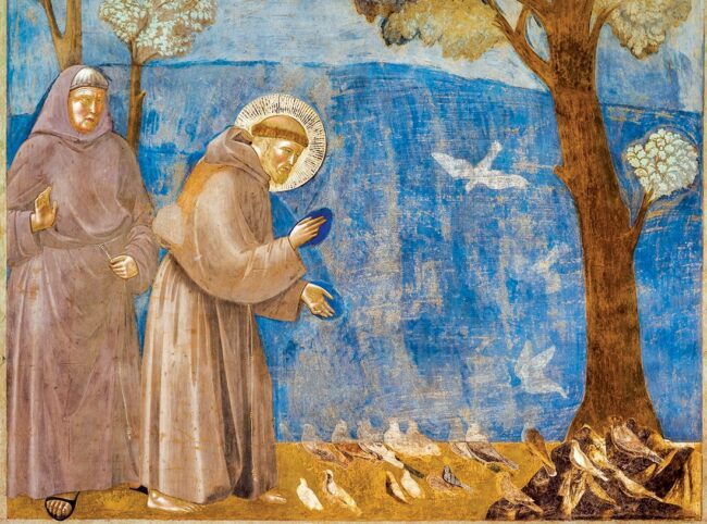 Fresco of St. Francis of Assisi preaching to birds beneath a tree.