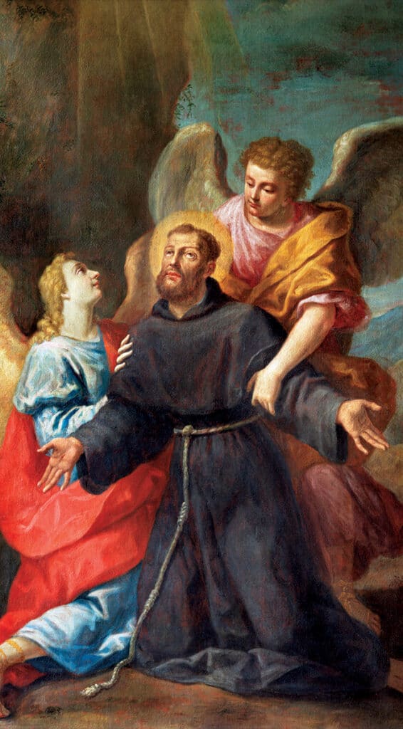 Painting of Saint Francis of Assisi kneeling with two angels beside him.